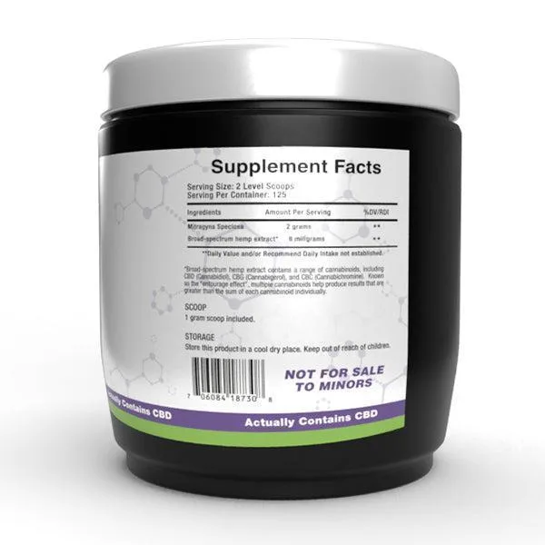 Black container displays supplement label with serving details.