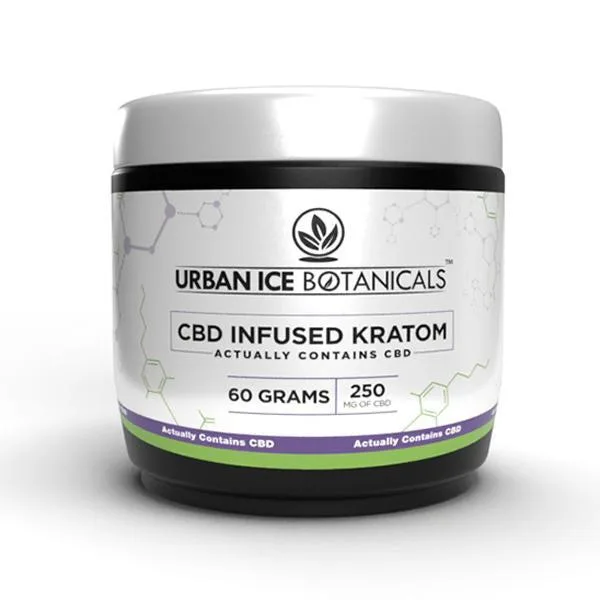 Jar displaying label of CBD-infused kratom, white background.