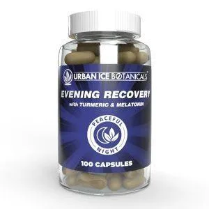 A bottle of brown capsules displays a dark blue label on a white background.