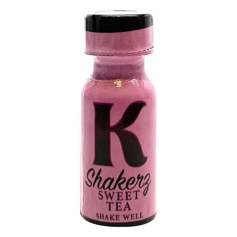 A small pink bottle with black cap, labeled "Shakerz Sweet Tea".