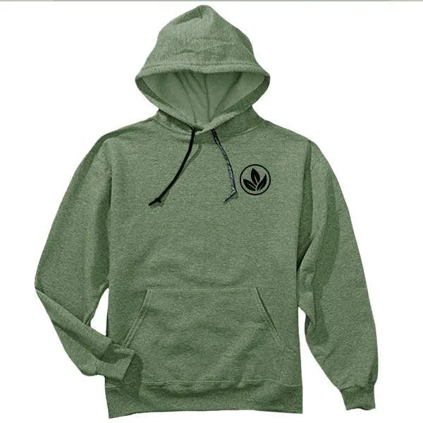 Green hoodie with logo, drawstrings, and pouch pocket; plain background.