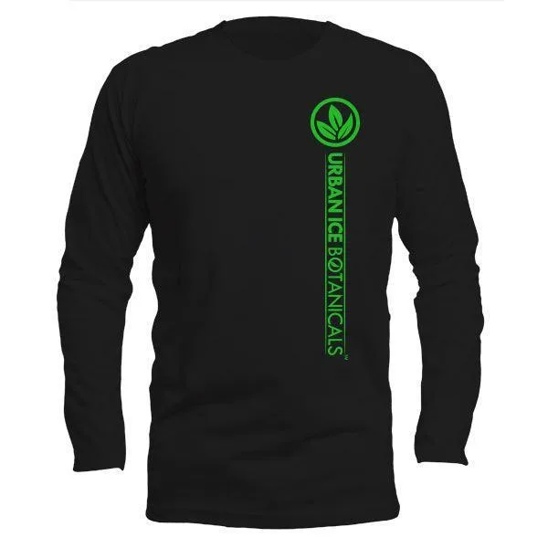 Black long-sleeve shirt; green text and logo on chest.