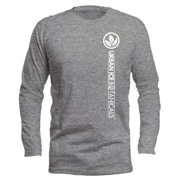 Gray long-sleeve shirt with vertical text, isolated background.