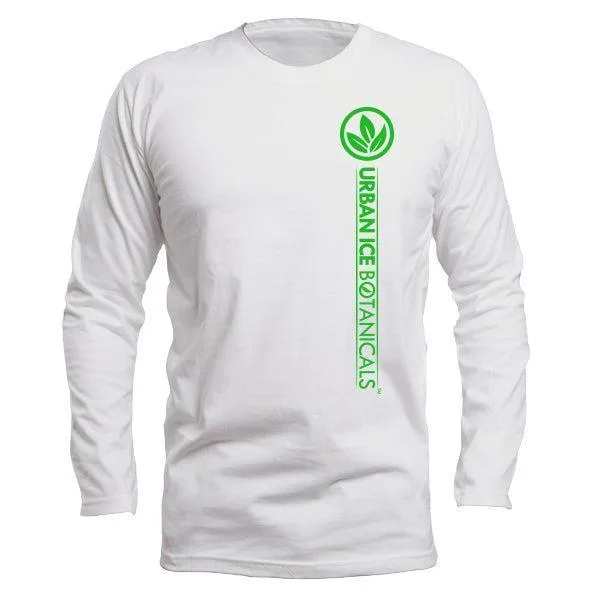 White long-sleeve shirt displays green vertical logo design.