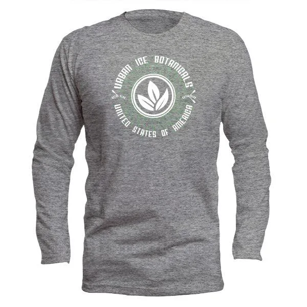 Gray long-sleeve shirt with botanical logo in a casual style.