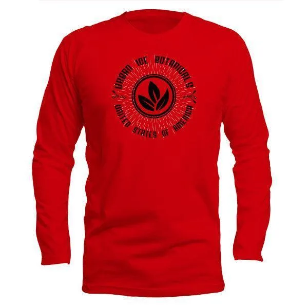 Red long-sleeve shirt with leaf emblem in center design.